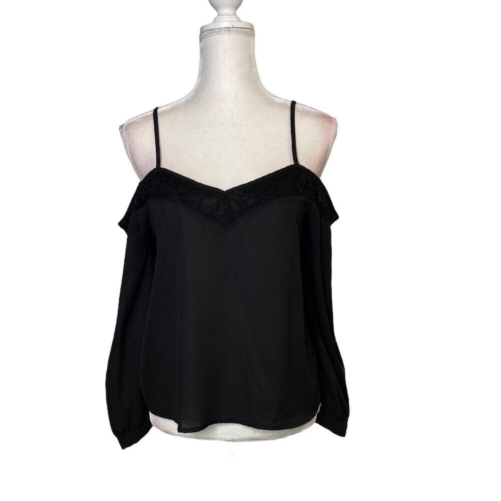 Paper Crane Black Chiffon Cold Shoulder Lace Trim Blouse Size M